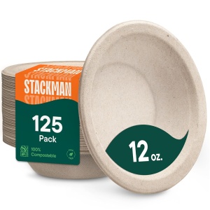 12 oz Paper Bowls by Stack Man [125 Pack] 100% Compostable Bowls, Natural Disposable, Eco-Friendly, Heavy-Duty Quality, Made of Sugarcane Bagasse Fiber, Biodegradable, Unbleached
