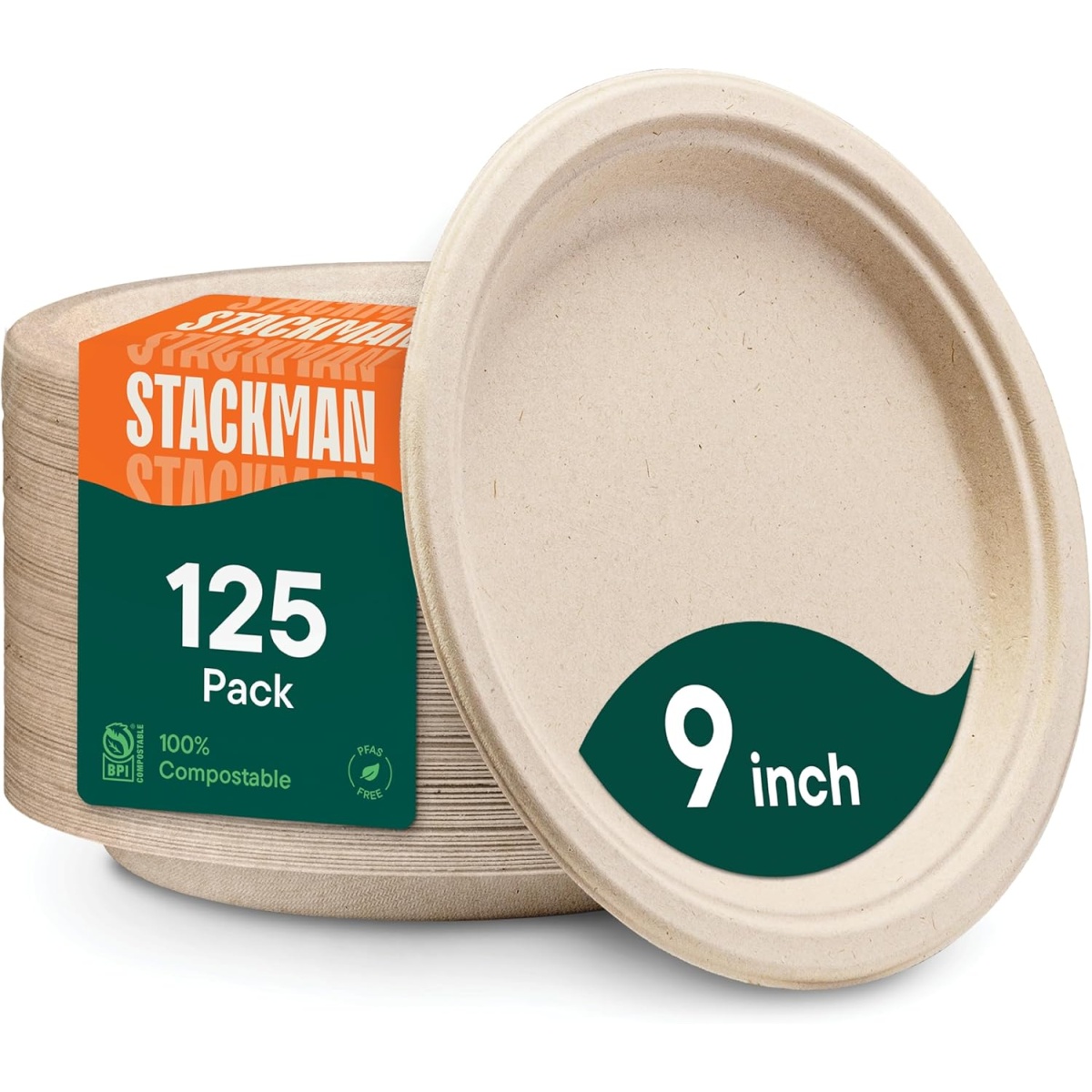 Stack Man 100% Compostable Paper Plates [100 Pack] 9 Inch Heavy-Duty Plate, Natural Disposable Bagasse Plate, Eco-Friendly, Made of Sugarcane Fibers